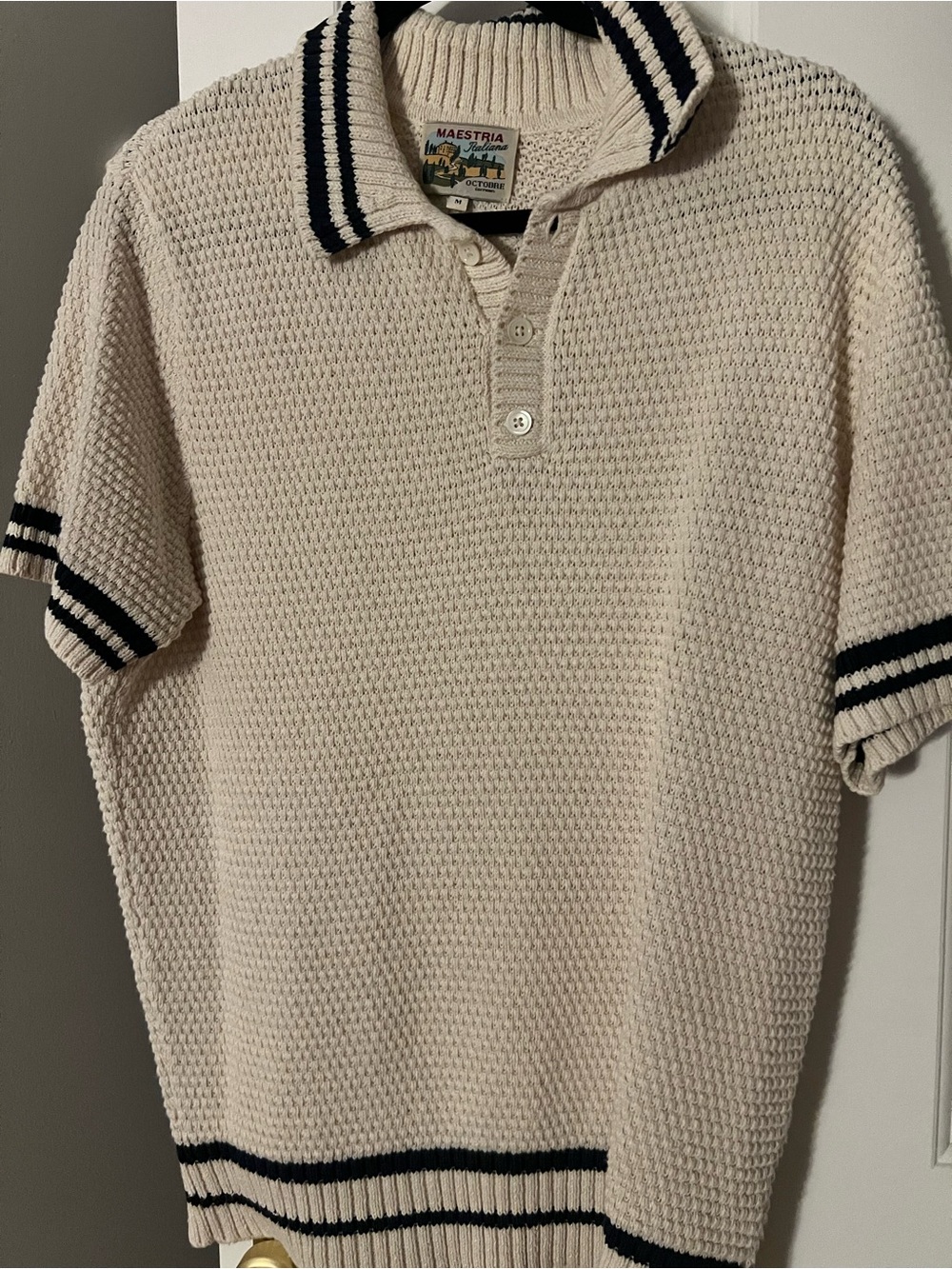 Octobre Cream Polo with Navy Stripe Trim